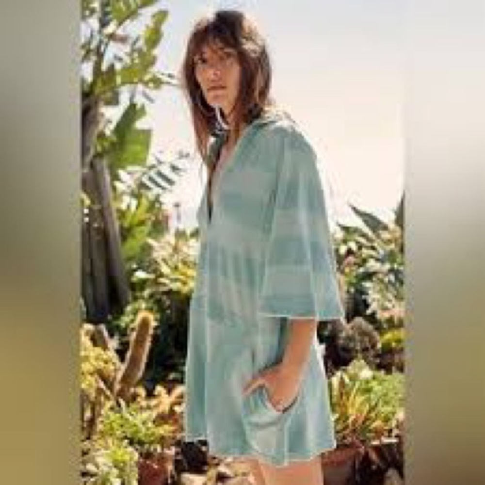 Free People Beach Terry Cloth Light Blue Striped V-Neck Romper